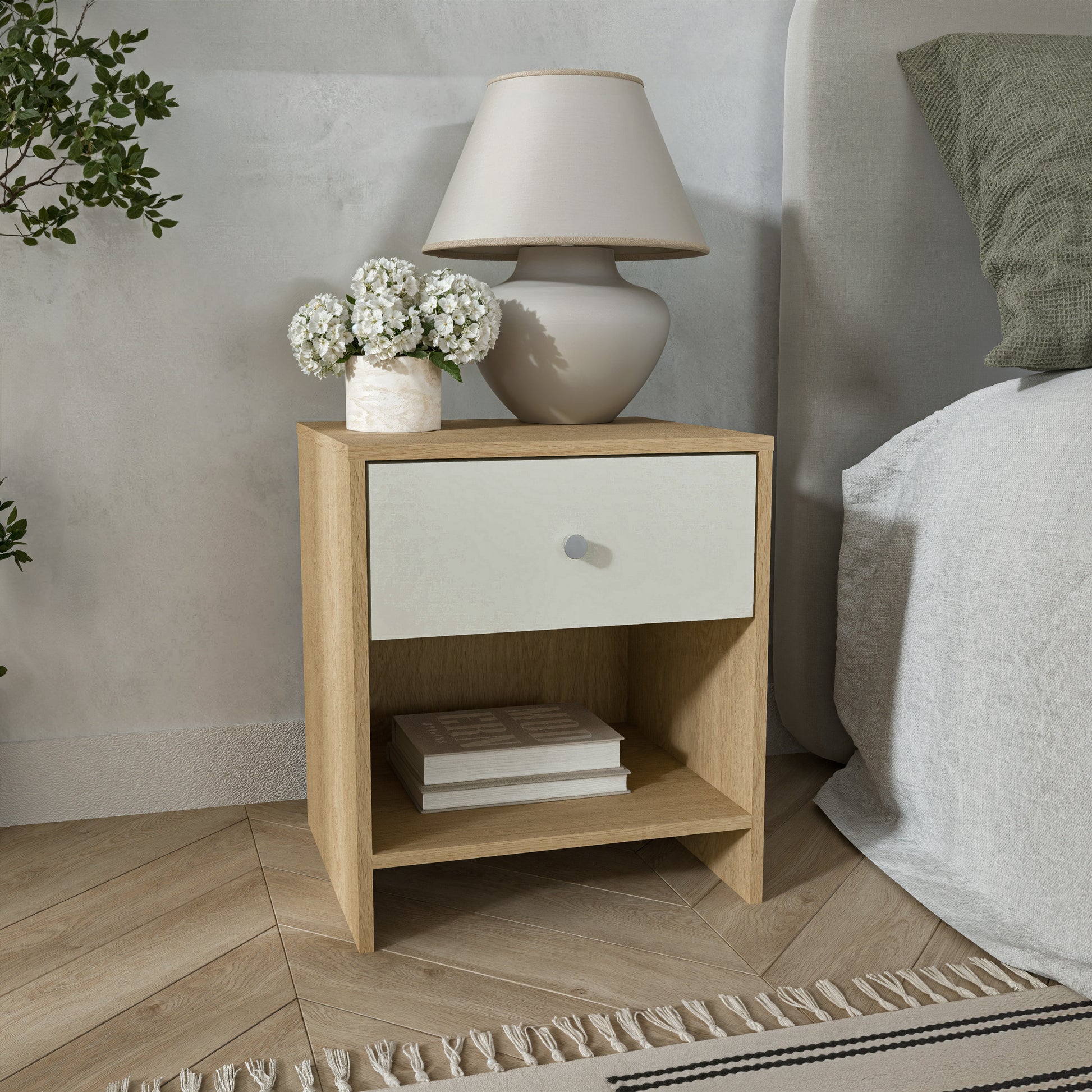 שידת לילה מודרנית לחדר שינה דגם סלין אלון עם מגירה לבנה