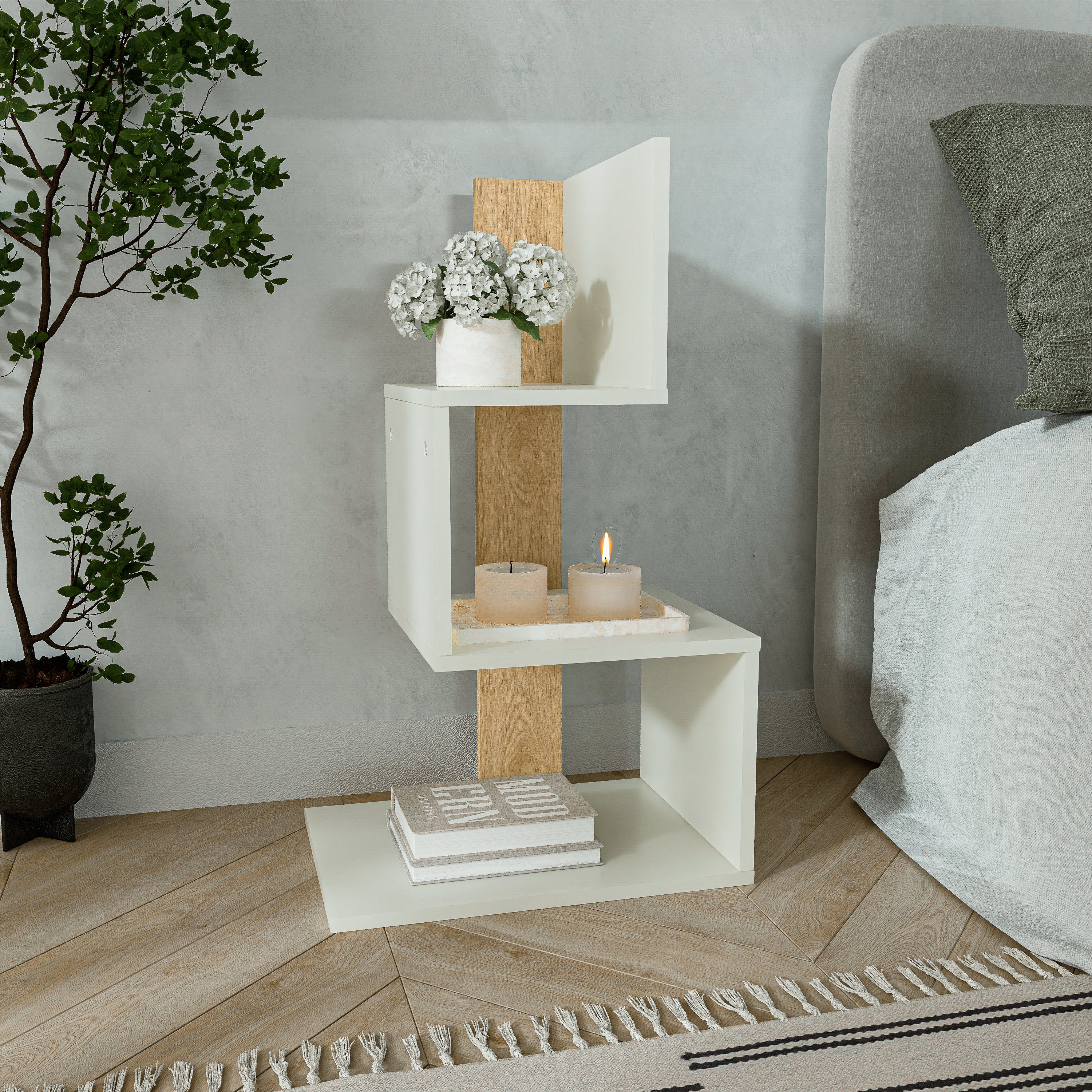 שידת לילה מודרנית לחדר שינה דגם טולום לבן משולב עם עץ