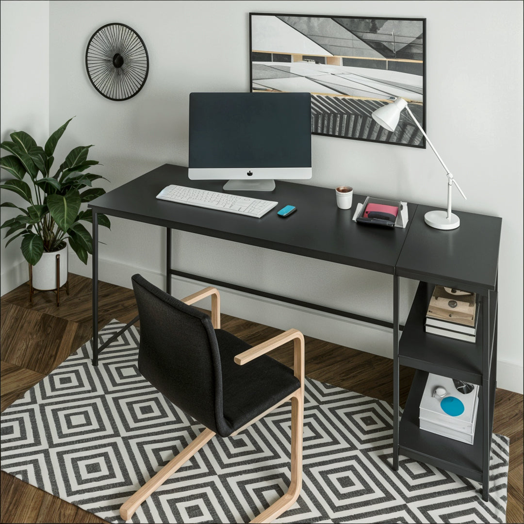 שולחן מחשב עם מדפי צד דגם ונציה - בצבע שחור