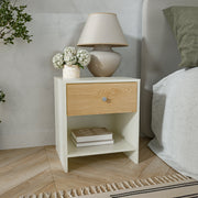 שידת לילה מודרנית לחדר שינה דגם סלין לבן עם מגירה אלון